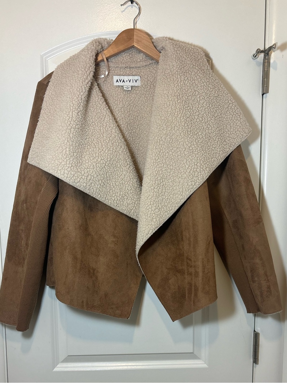 Ava & Viv Brown Faux Suede Jacket with Cream Sherpa Shawl Collar #593
